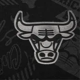 Remera negra de algodón con estampado all over del logo y nombre del equipo Chicago Bulls en gris. Logo del equipo bordado en el pecho.