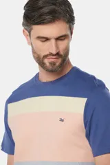 Remera de manga corta con diseño a rayas horizontales en blanco, gris, azul y celeste.