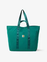 Bolso tote verde esmeralda de tafetán de nailon ligero. Tiene asas de cincha, un compartimento principal con cierre de botón a presión, un bolsillo interior con cremallera y un bolsillo exterior.