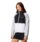 Campera cortaviento Columbia Spire Valley Wind para mujer, con capucha y cierre frontal completo. Diseño color block en gris, blanco y negro, con logo de la marca bordado en el pecho.
