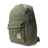 Mochila de diseño acolchado en color verde militar, con un bolsillo frontal y un compartimento principal con cierre.