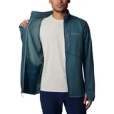 Campera polar Columbia Park View Fleece, color azul jaspeado, con cierre frontal completo, cuello alto, bolsillos laterales con cierre y bolsillo en el pecho con cierre vertical en color verde lima. Cuenta con tecnología Omni-Wick, puños elásticos con orificios para pulgares y protector de barbilla.