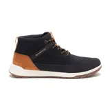 Bota de caña media Caterpillar Quest Mid, color negro con detalles en marrón y cordones bicolores.