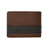 Billetera marrón de cuero con banda horizontal negra y logo metálico.