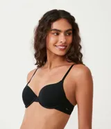 Soutien negro de microfibra con push up, breteles regulables y cierre trasero con gancho.