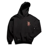 Canguro negro de algodón con capucha y cordones ajustables. Estampado pequeño de un cerdo rosado en el pecho y logo de la marca en la parte inferior.