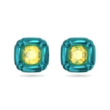 Par de aros de botón Swarovski, con cristal amarillo de talla cushion y engaste redondeado azul. Inspirados en el arte pop.