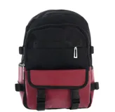 Mochila negra y roja con bolsillo frontal con hebillas y bolsillos laterales con cierre.