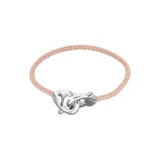 Pulsera de cuero trenzado color rosa con cierre de mosquetón entrelazado bañado en plata.