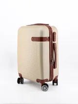Valija rígida de 20 pulgadas color beige con detalles en marrón.