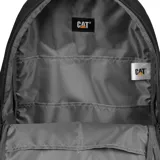 Mochila unisex Caterpillar color naranja y negro, con cordón elástico frontal, bolsillos laterales de malla, elementos reflectantes en las correas y logo Cat reflectante grande.