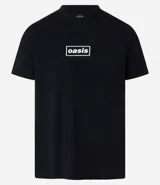 Remera negra de algodón con cuello redondo y manga corta. Estampa frontal con el logo de la banda de rock británica Oasis.
