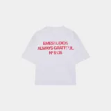 Remera gris de corte holgado con estampado en la espalda que dice 'Emestudios Always Grateful N° 5135' en color rojo.