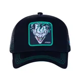 Gorro Capslab unisex con visera curva, paneles frontales negros y paneles traseros de malla negra. Presenta un parche bordado con la imagen del Joker y detalles en verde.