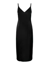 Vestido midi negro de poliéster con tirantes finos ajustables, escote en V y tajo lateral.