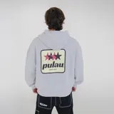 Canguro gris con capucha y cordones ajustables, puños y cintura acanalados, bolsillo tipo canguro y logo estampado en el pecho.