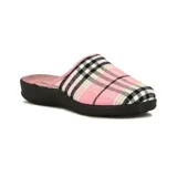 Pantuflas cerradas para mujer, con estampado a cuadros en tonos rosa, blanco y negro, y suela de goma negra.