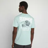 Camiseta verde agua de manga corta con estampado frontal de la marca Persimmons en color blanco.