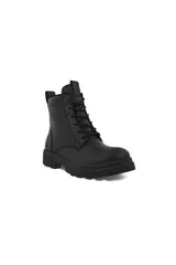 Bota negra de cuero con suela robusta y cordones, diseño versátil y resistente.