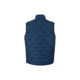 Chaleco acolchado azul marino con cierre frontal, cuello alto y logo de Caterpillar bordado en amarillo en el pecho. Cuenta con bolsillos laterales y ribete negro en sisas y cuello.