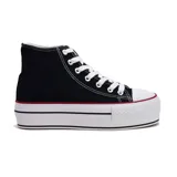 Zapatillas deportivas de caña alta color negro, con plataforma doble blanca y detalles en rojo.