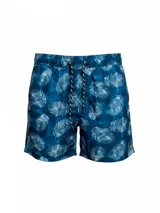 Short de baño azul con estampado de hojas de palmera blancas, cintura elástica con cordón ajustable y suspensor interior.