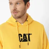Buzo canguro negro de frisa con capucha ajustable con cordones y bolsillo frontal. Logotipo CAT bordado en el pecho.