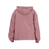 Campera deportiva New Balance color rosa con capucha ajustable con cordón, cierre frontal completo, bolsillos laterales con cremallera, mangas largas con puños elásticos y bajo elástico. Logotipo gráfico estampado en el pecho.