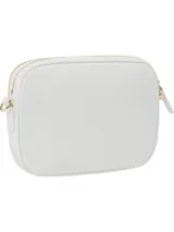 Bandolera blanca de nailon con correa de tela ajustable y extraíble. Tiene cierre de cremallera, bolsillo interior y exterior con cremallera, y el logo TH en dorado en el frente.