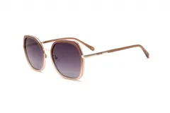 Lentes de sol Prune modelo Lilia, con armazón de metal dorado y acetato marrón en la parte superior de los marcos. Lentes con filtro degradado en tonos morados/violetas.