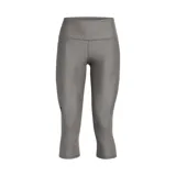 Calza capri Under Armour HeatGear color gris, de tiro alto y calce ajustado. Cuenta con bolsillo lateral y logo estampado en la pierna.