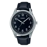 Reloj Casio con correa de cuero negra, esfera negra de 47mm y caja plateada.