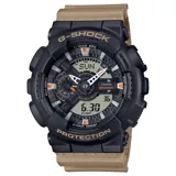 Reloj CASIO G-SHOCK GA110TU-1A5DR con caja negra y correa beige de resina. Esfera analógica-digital de 52mm con detalles en naranja y blanco. Resistente al agua hasta 200 metros.