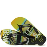 Sandalias Havaianas modelo Surf, con base estampada con diseño de playa y tiras negras.