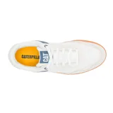 Championes Caterpillar Pause Retro Canvas, color blanco con detalles en azul y suela color caramelo.
