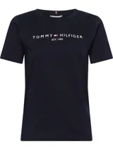 Remera azul marino de algodón con cuello redondo y logo de Tommy Hilfiger bordado en el pecho.