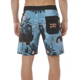 Short de baño Rip Curl Mirage Mason Raw Energy con estampado abstracto en tonos celeste, negro y naranja.