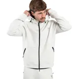 Campera gris jaspeado con cierre frontal, capucha con cordones ajustables y bolsillos laterales con ribete negro.