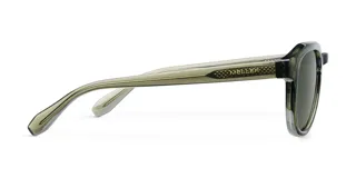 Lentes de sol redondos con montura de acetato color verde oliva y lentes polarizadas verdes oscuras. Protección UV400. Diseño moderno y elegante.