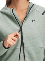 Campera Under Armour de mujer, modelo Unstoppable Fleece FZ, color verde agua con cierre frontal completo, capucha y logo en el pecho.
