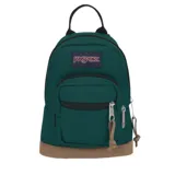 Mochila de diseño compacto en color verde con detalles en beige, cuenta con un compartimento principal y un bolsillo frontal.