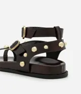 Sandalia plana marrón con dedera, punta redonda, aplicación de esferas doradas y hebillas doradas contrastantes.