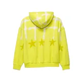 Canguro amarillo con capucha, cordones ajustables y bolsillo tipo canguro. Presenta un estampado de estrellas y cruces blancas.