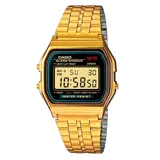 Reloj digital Casio modelo A159WGEA-1DF, con caja y correa de acero inoxidable color dorado.