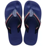 Ojotas Havaianas New Urban Way color azul marino con tiras de tela con rayas blancas, rojas y azul marino.