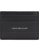 Tarjetero de cuero negro con múltiples compartimentos para tarjetas y logo de Tommy Hilfiger en el frente.