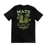 Remera negra de algodón con estampa en la espalda de un termo y un mate con la frase "Mate Amargo Social Club Emexem".