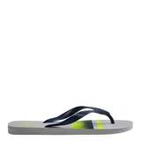 Ojotas Havaianas Top Basic negras con rayas horizontales azules y logo de la marca en la plantilla.