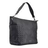 Cartera negra de diseño elegante, con estructura amplia y dos bolsillos laterales.