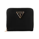Billetera Guess Eco Gemma color negro con cierre de cremallera y logo triangular dorado en el frente.